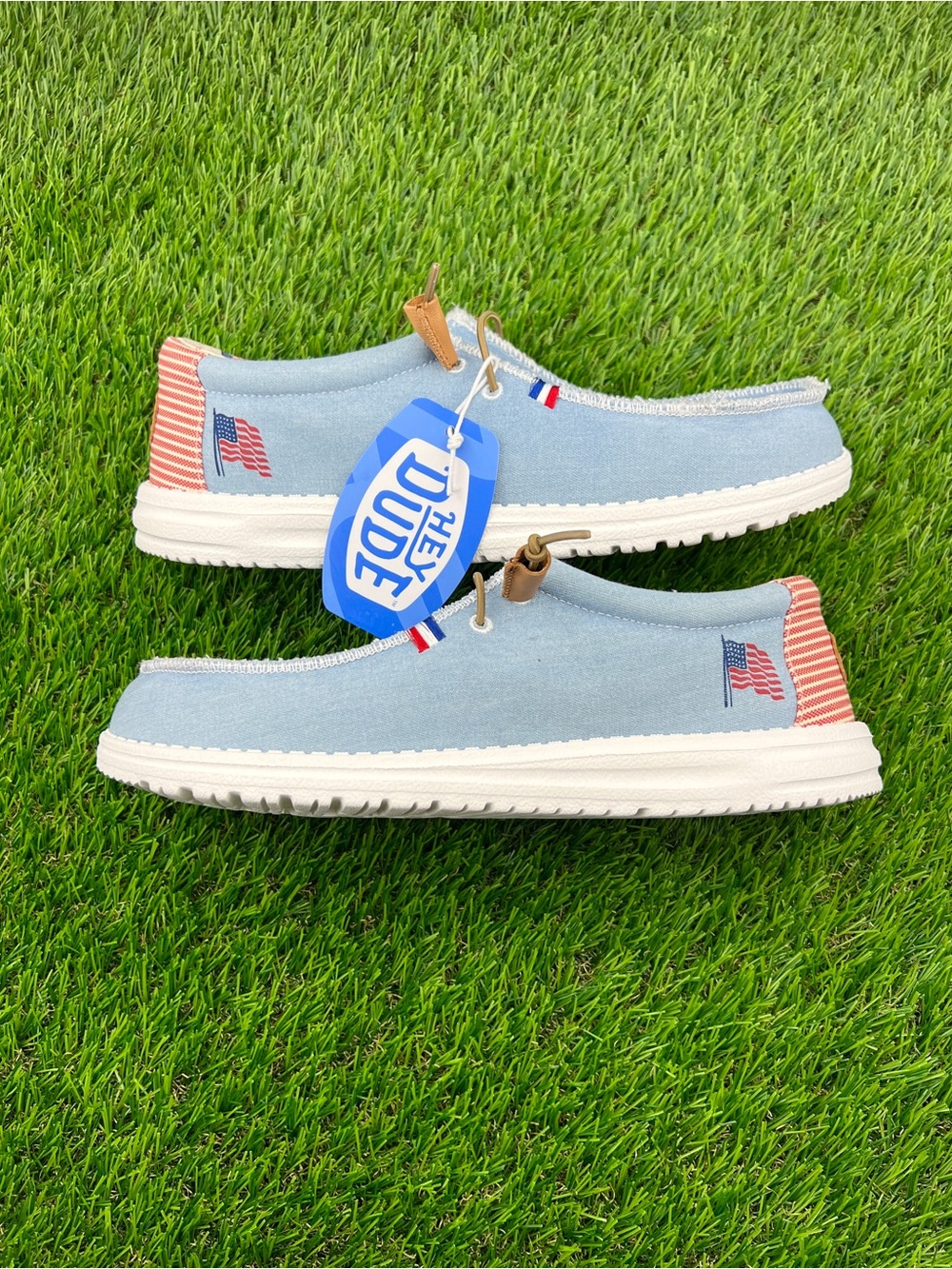 Hey Dude Wally Americana Men’s Denim Stripe USA American Flag Shoes Blue - 10